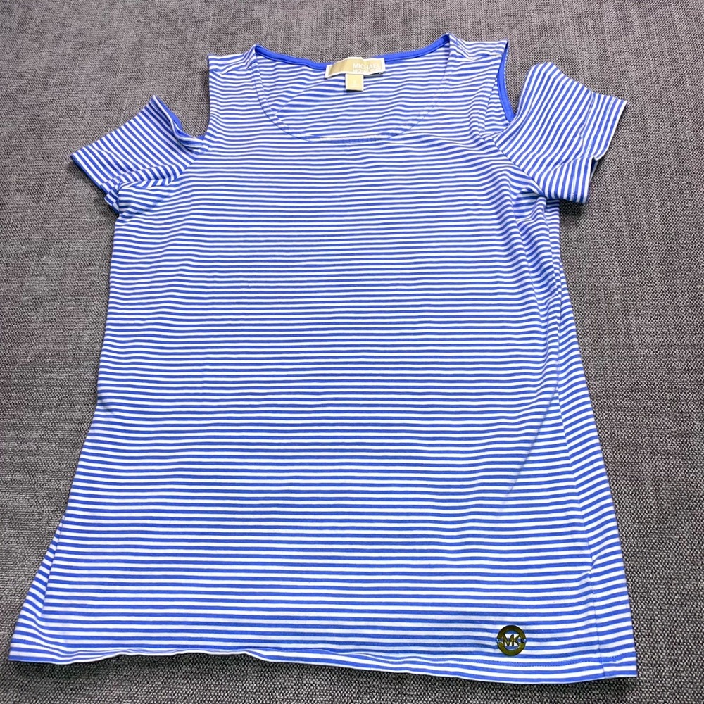 Michael Kors Top Womens Small Blue White Striped Cold Shoulder Logo Round Neck